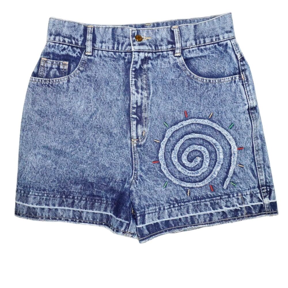 Vintage Jit & Co Spiral Embroidered Denim Shorts Size 14 High Rise Acid Wash Y2K - Picture 2 of 6